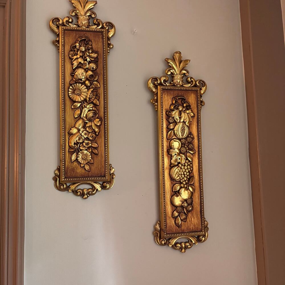 Syroco Vintage Gold Floral w/Fruit Hollywood Regency Set 2 Wall Plaques 20 in
